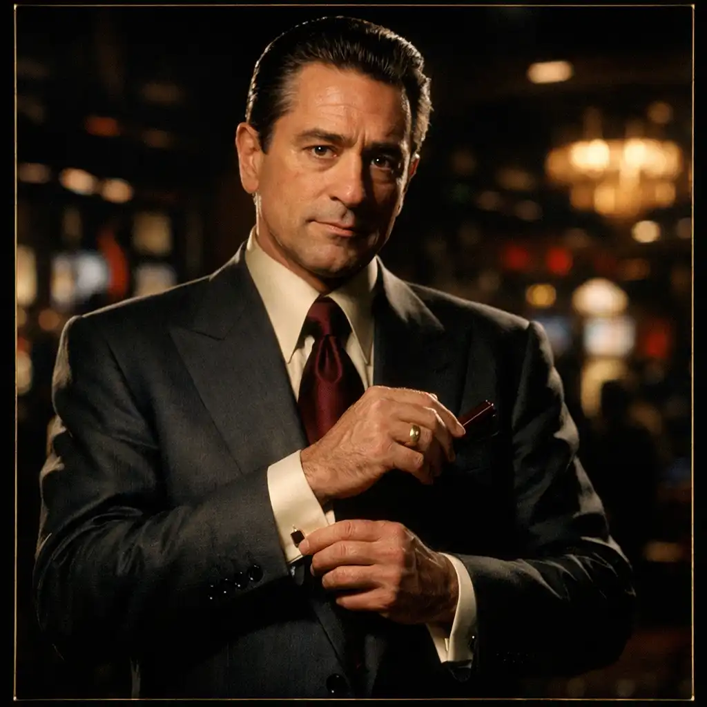 Portrait of Sam Ace Rothstein in a tailored charcoal suit, adjusting his cufflink against a dark casino background
