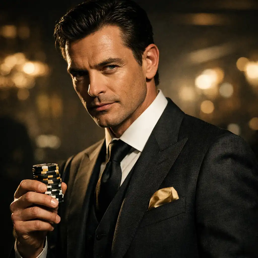 Portrait of an actor in character as a high roller holding a stack of poker chips