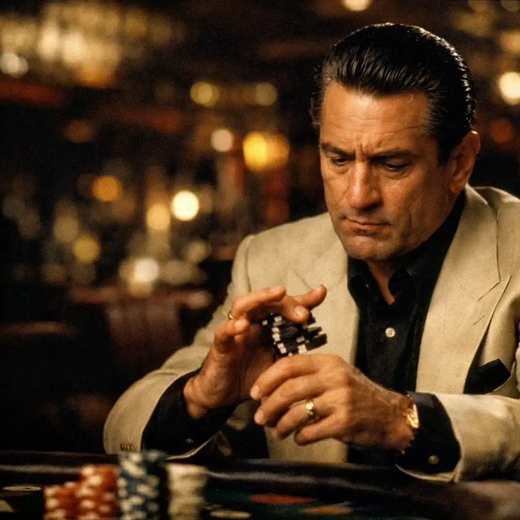 Robert De Niro as Sam Ace Rothstein performing an improvised chip trick at a casino table in Casino (1995)