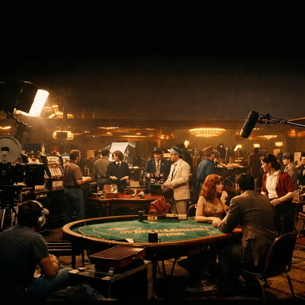 1970s casino film set with vintage slot machines, green felt tables, and crew members preparing a scene