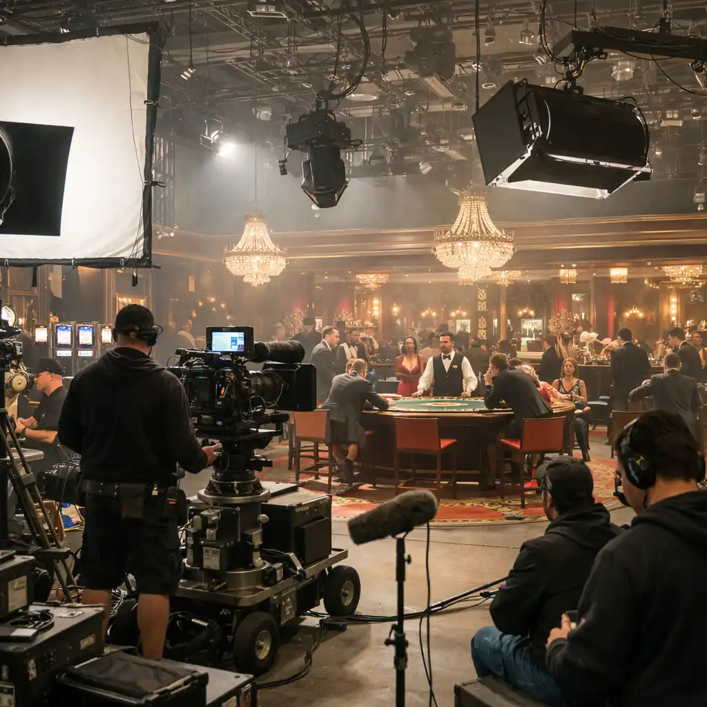 A behind-the-scenes view of a film set designed to look like a casino, with camera equipment and lighting rigs in the foreground