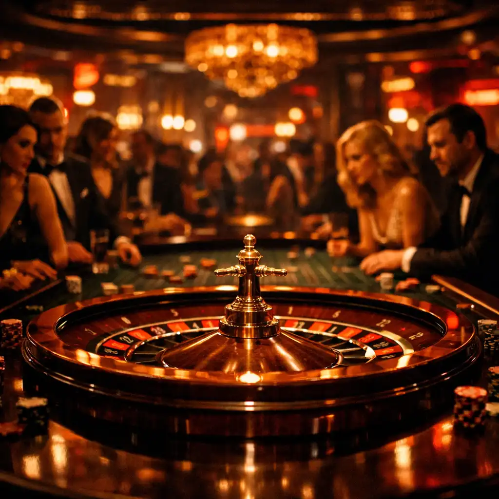 A dramatic casino floor at night with patrons gathered around a roulette table under warm amber and red lighting
