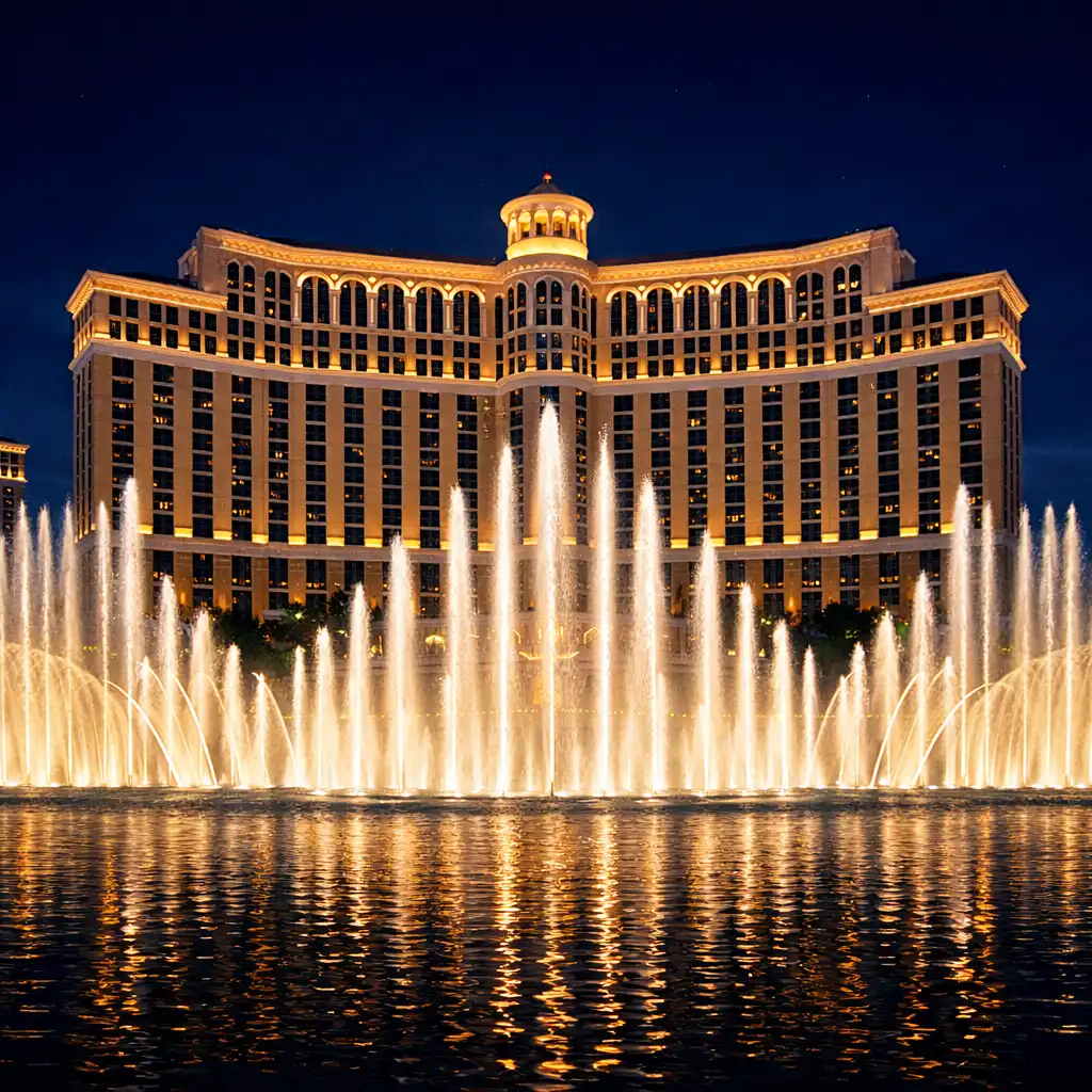 Wide exterior shot of the Bellagio casino in Las Vegas at night with illuminated fountains