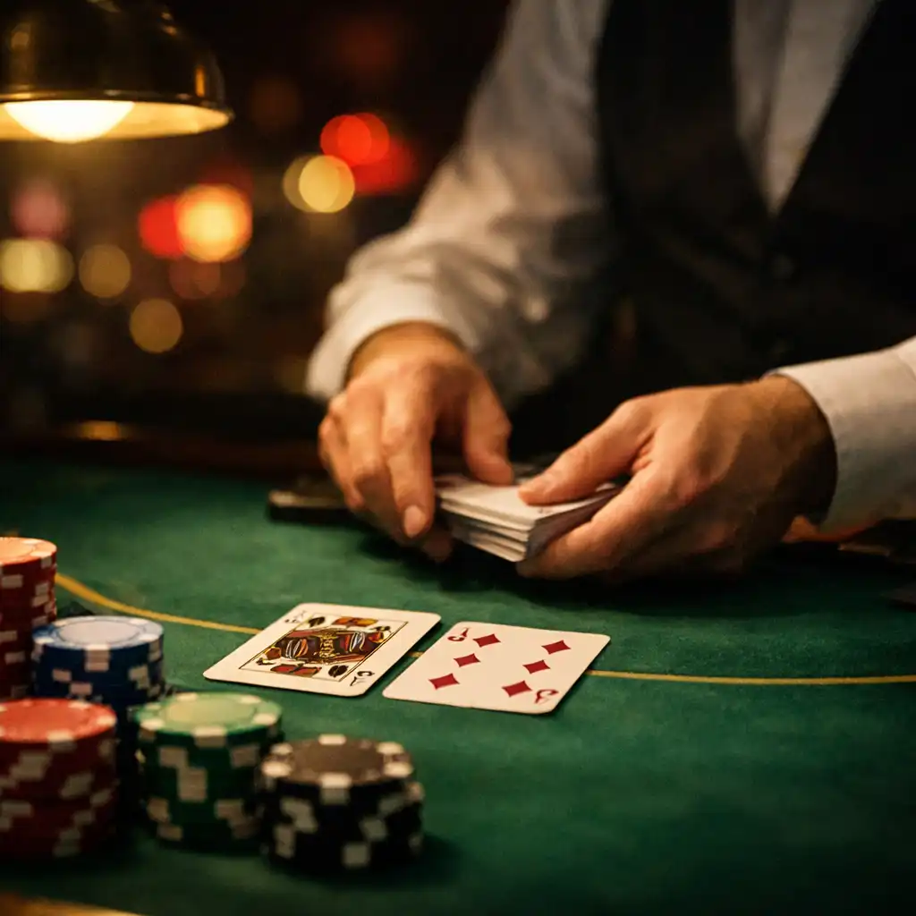 A close-up of a blackjack table with a dealer's hands dealing cards and colorful chips under moody neon lighting