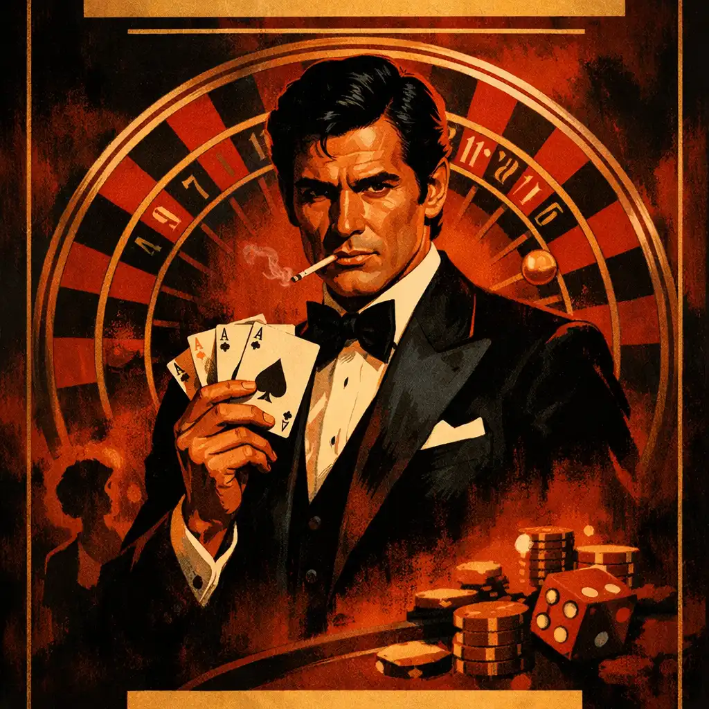 Stylized classic casino film poster featuring a man in a tuxedo holding playing cards