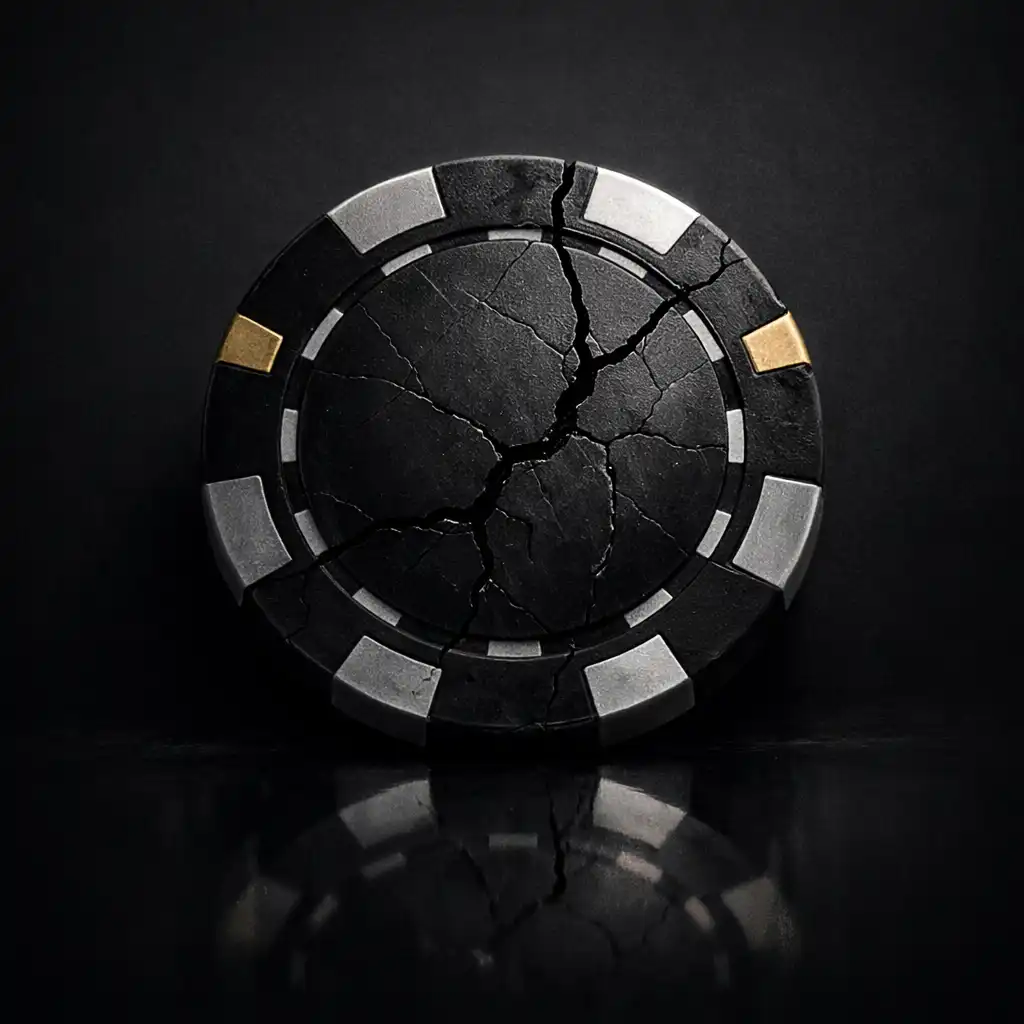 Minimalist modern casino thriller poster featuring a cracked poker chip against a dark background