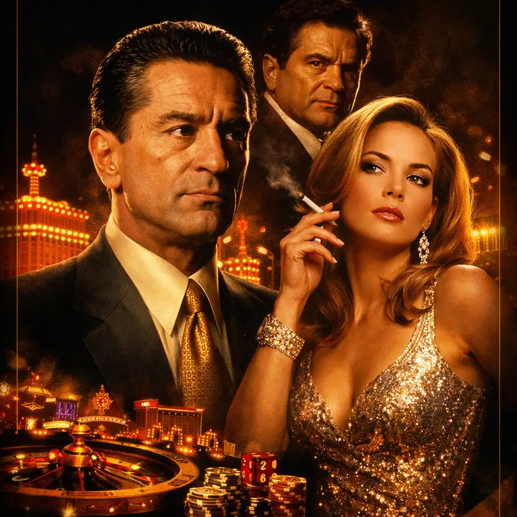 Vintage art deco poster for the 1995 film Casino, featuring a roulette wheel and dice in burgundy and brass