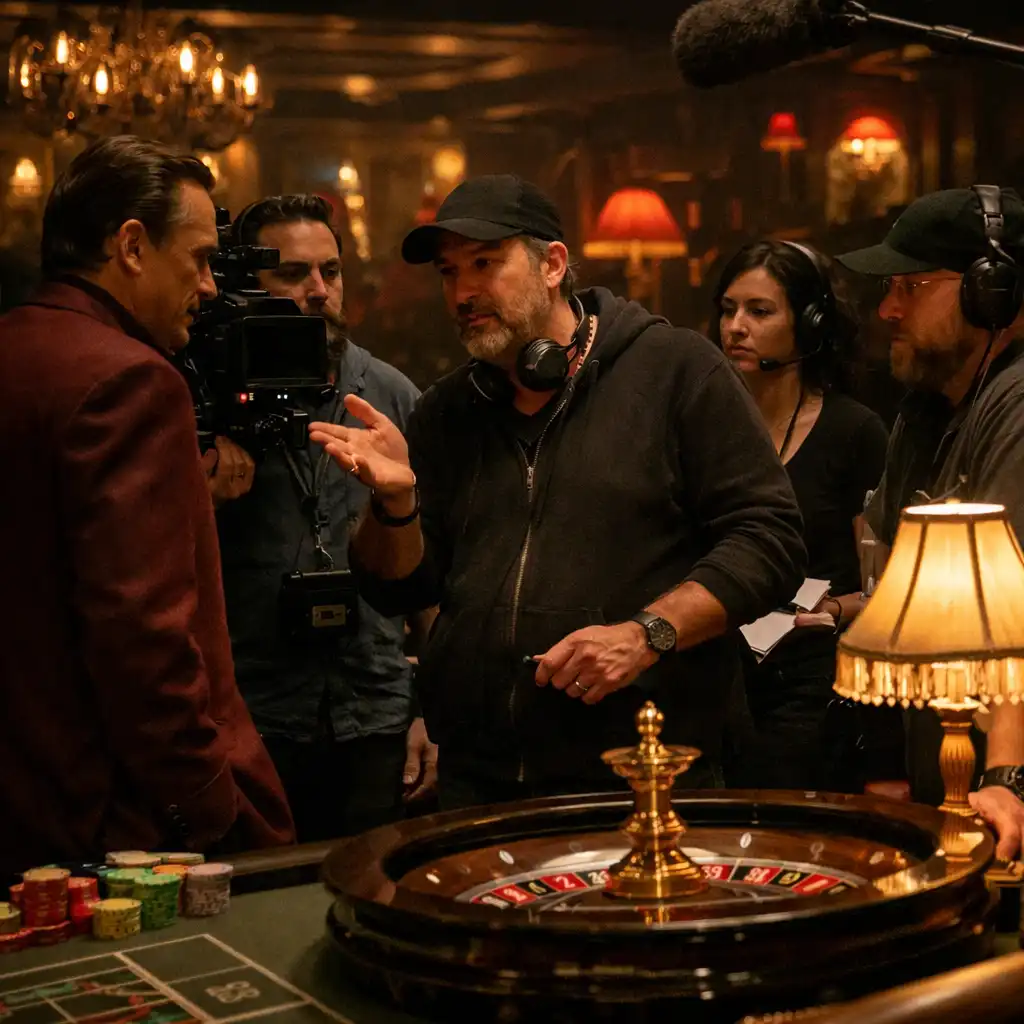 Director and crew discussing a scene near a roulette table on the Casino film set