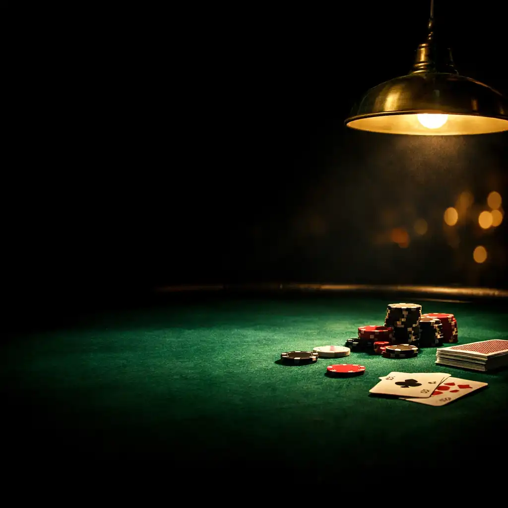 A dramatic casino table at night under a brass lamp, with scattered chips and cards