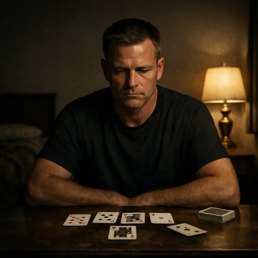 Portrait of a fictional character inspired by Avery Cross, a man with a haunted expression seated at a motel room desk with playing cards