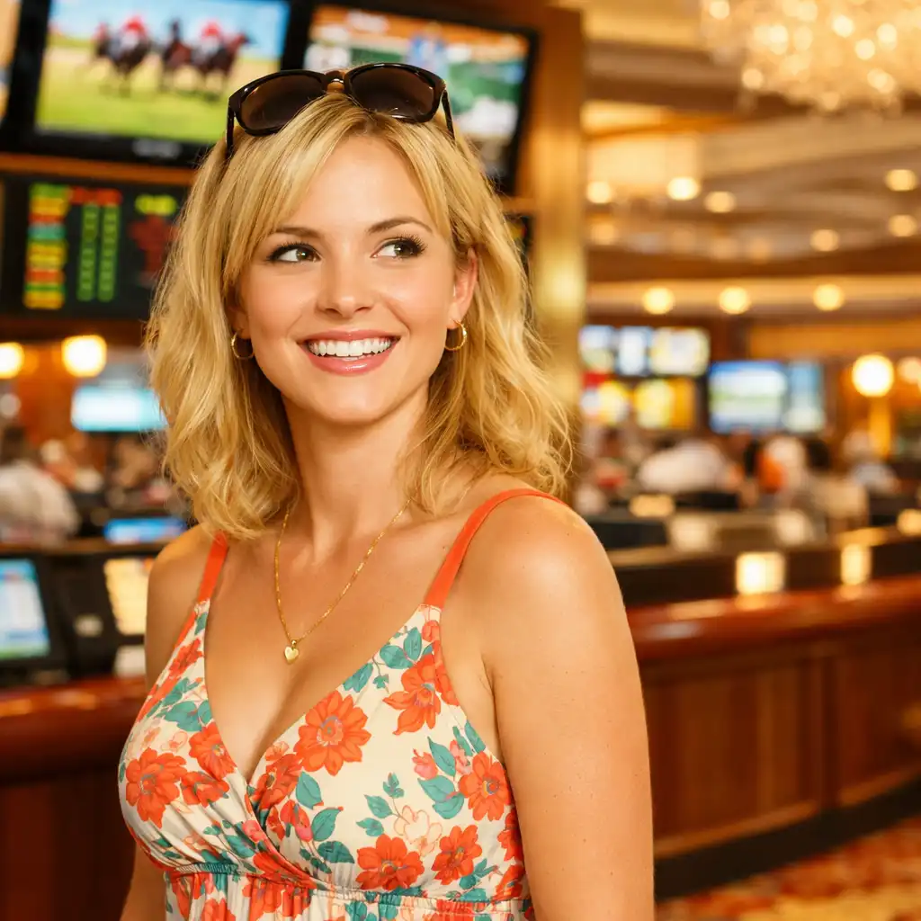 Portrait of a fictional character inspired by Beth Raymer, a cheerful young woman in a colorful sundress standing in a sportsbook