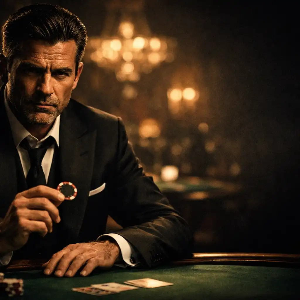 Dramatic cinematic portrait of a fictional casino film character in a tailored dark suit, seated at a green felt table with a poker chip in his hand