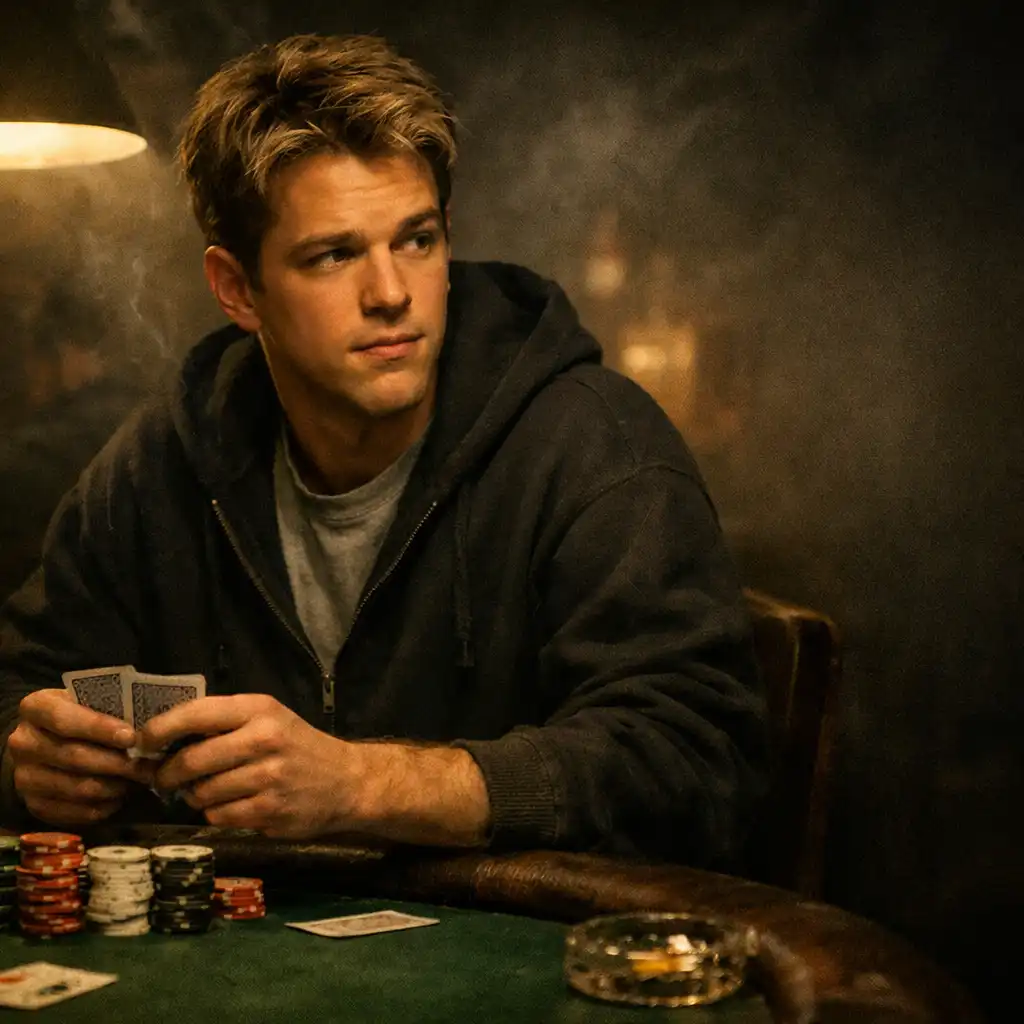 Portrait of a fictional character inspired by Mike McDermott, a young man in a hoodie seated at a poker table with cards in hand