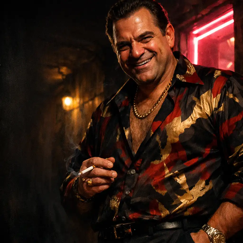 Portrait of a fictional character inspired by Nicky Santoro, a stocky man with a menacing grin in a flashy shirt