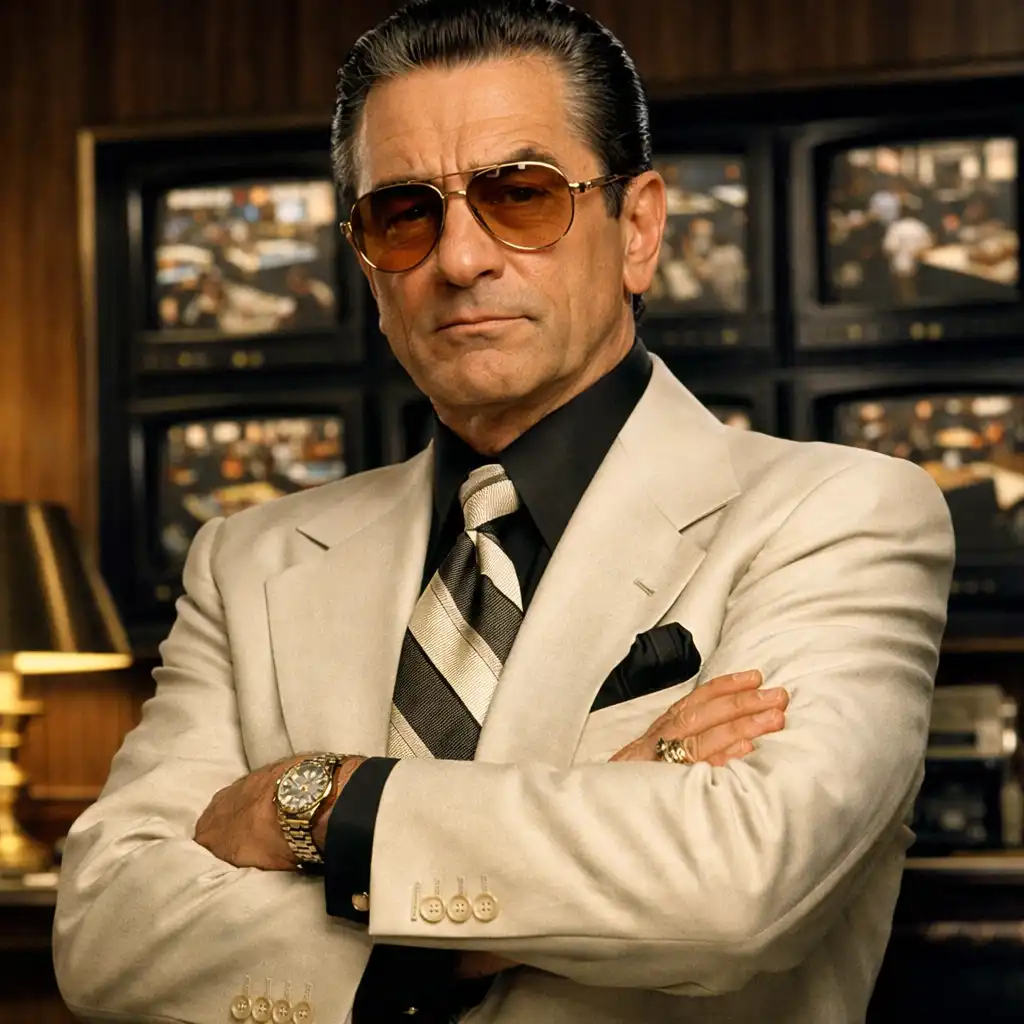 Portrait of a fictional character inspired by Sam Ace Rothstein, a man in a 1970s suit with tinted glasses standing in a casino office