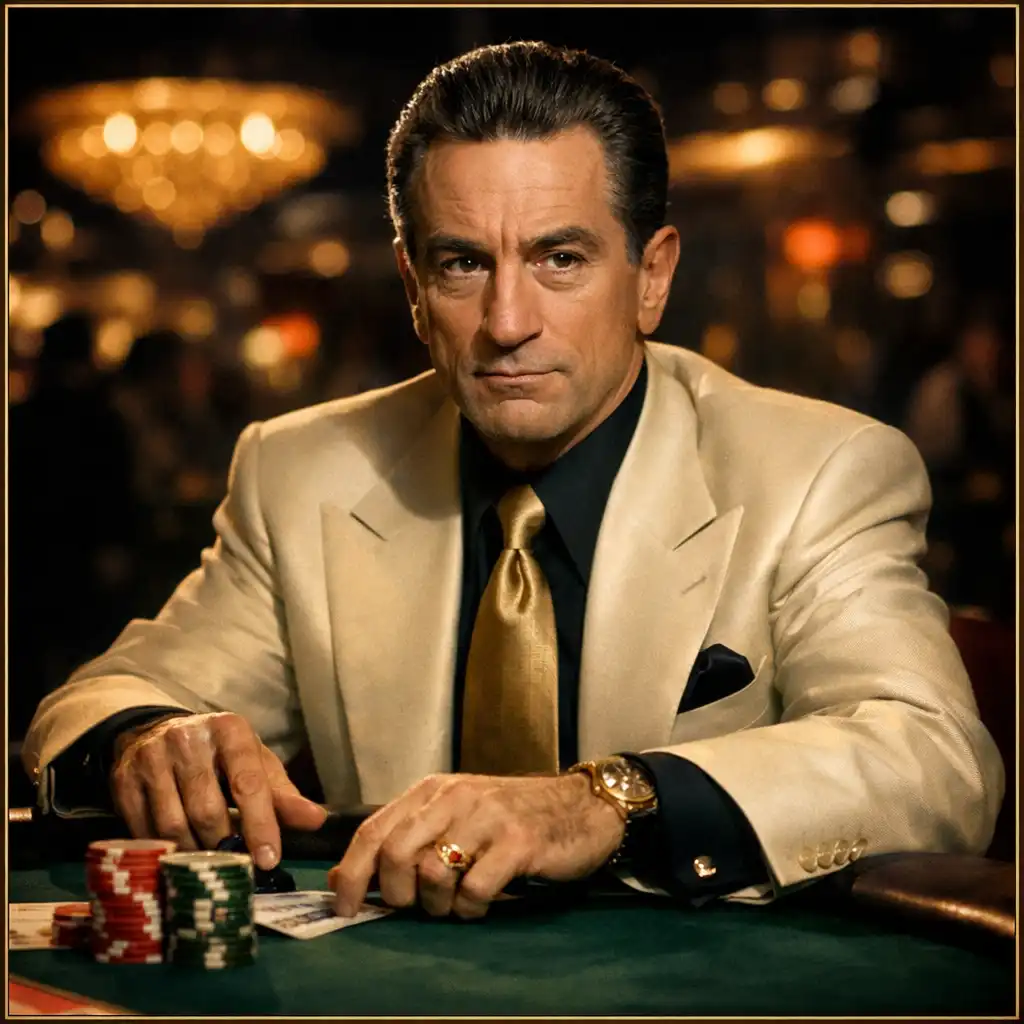 Portrait of Sam Ace Rothstein from Casino, seated at a casino table in a sharp suit with a calm, calculating expression