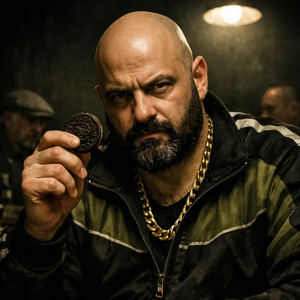Portrait of a fictional character inspired by Teddy KGB, a bald man with a thick beard holding an Oreo cookie