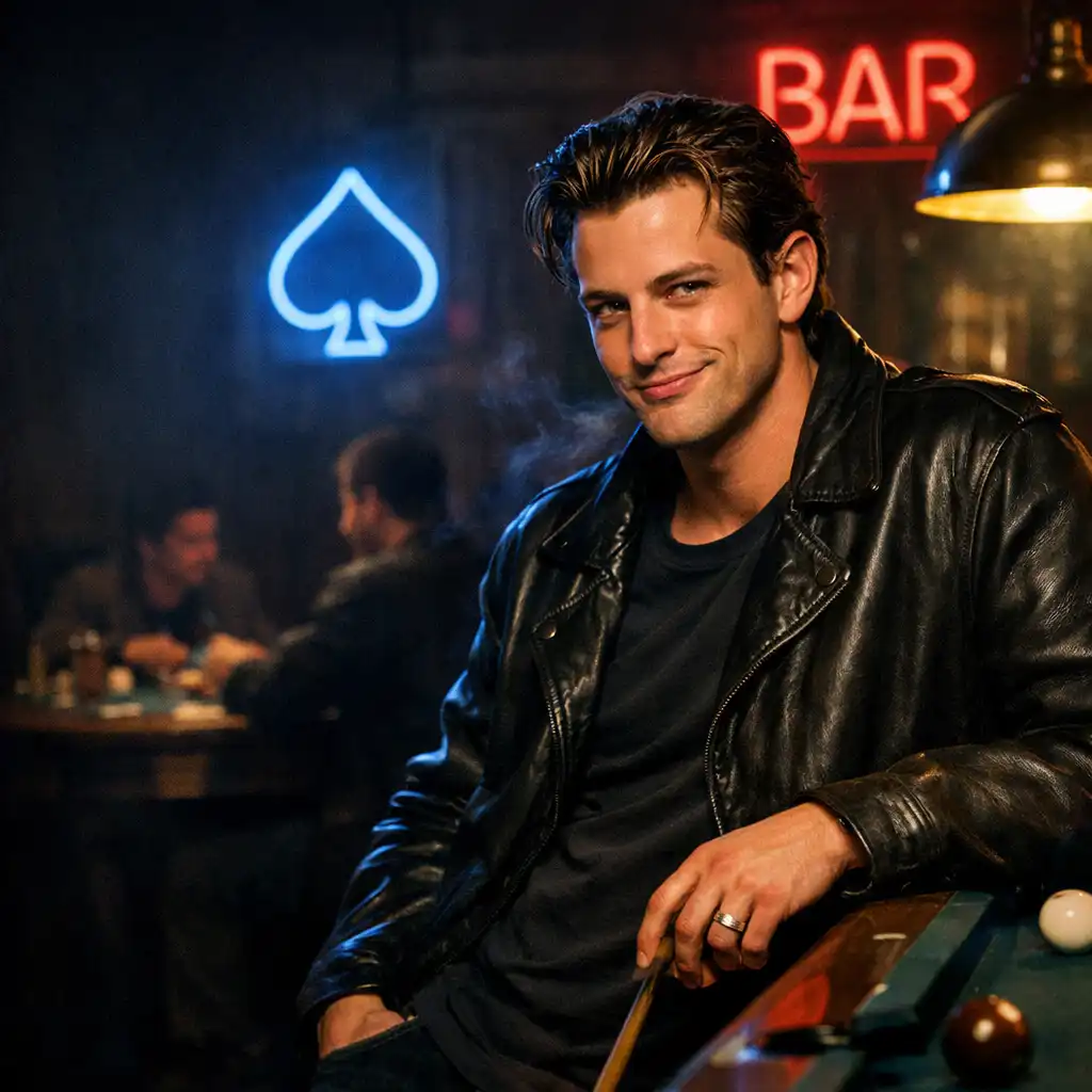 Portrait of a fictional character inspired by Lester Worm Murphy, a charismatic man in a leather jacket leaning against a pool table