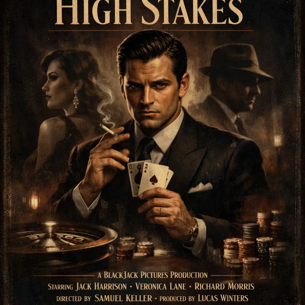 Movie poster for the fictional casino film High Stakes, featuring a central figure in a sharp suit holding playing cards