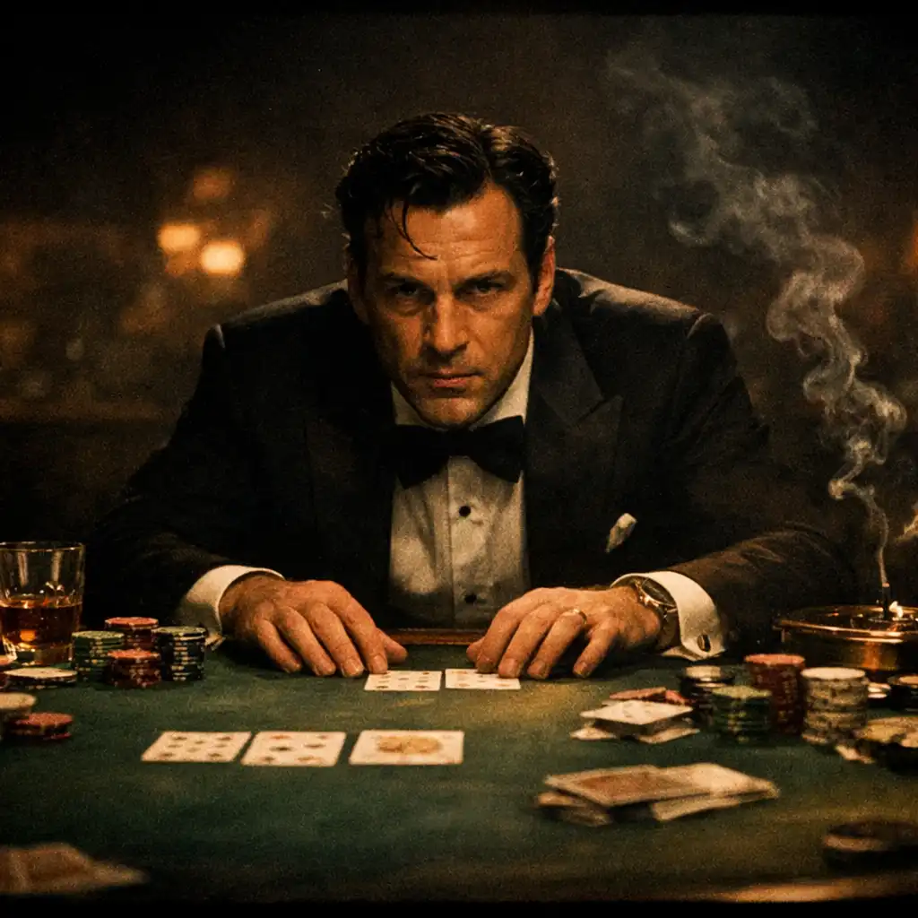 A dimly lit casino floor with a roulette table, stacked chips, and a shadowy figure in the background, bathed in warm amber and deep red tones