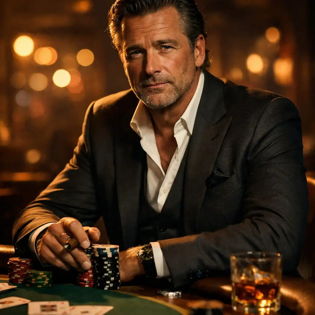 Portrait of a high roller character in a tailored suit standing near a poker table with a confident but weary expression