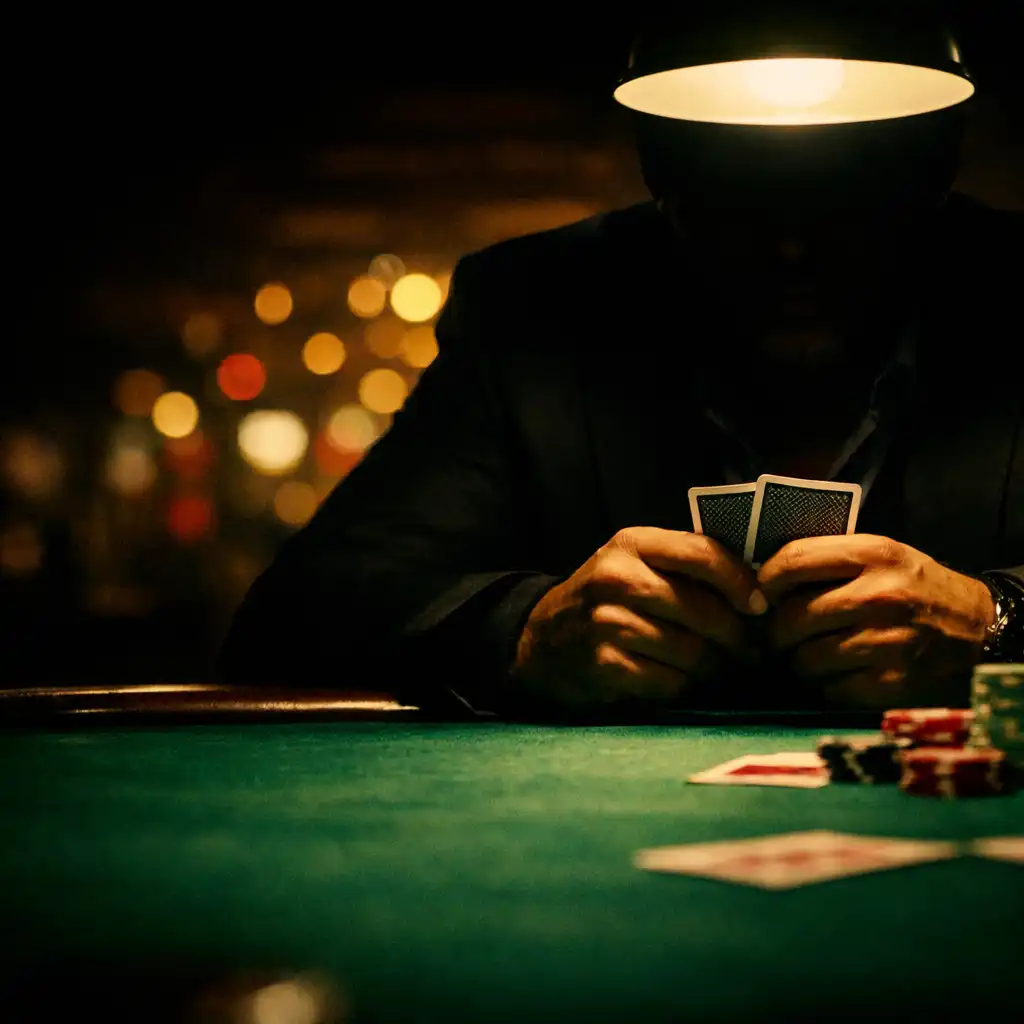 A cinematic film still of a tense casino poker table, with a player's hands holding cards close to the chest under dramatic overhead lighting