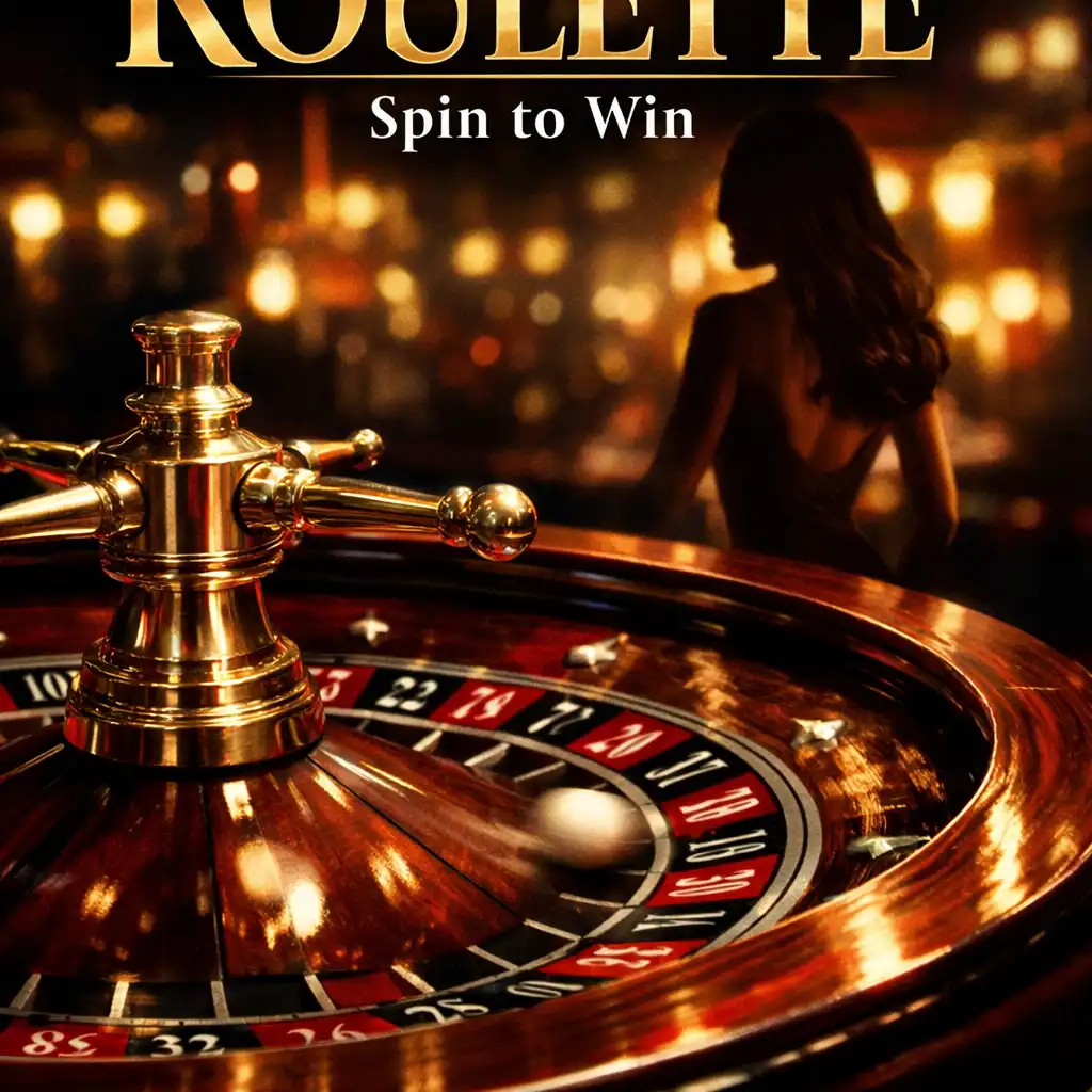 Film poster for a roulette-themed thriller with a spinning roulette wheel and a woman's silhouette reflected in the polished wood