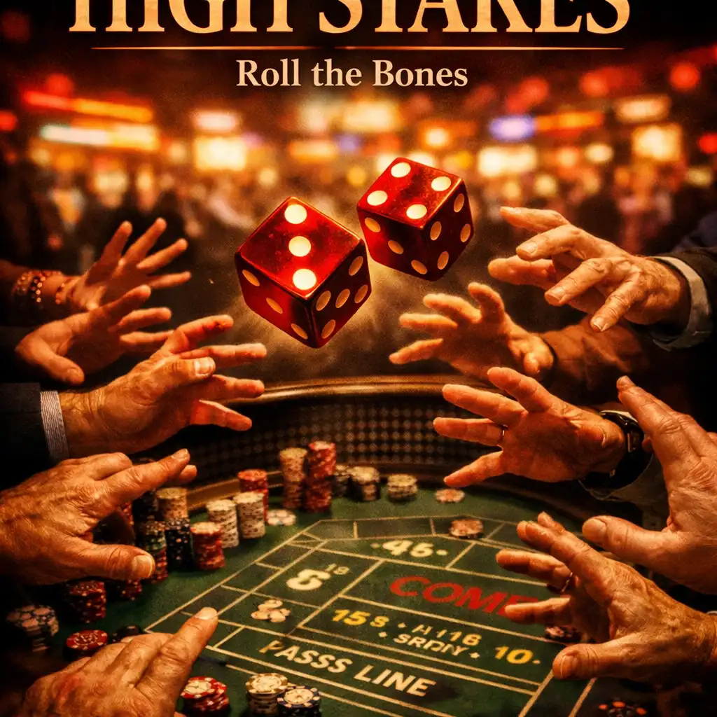 Film poster for a craps table drama showing dice in mid-air above a craps table with a crowd of hands reaching