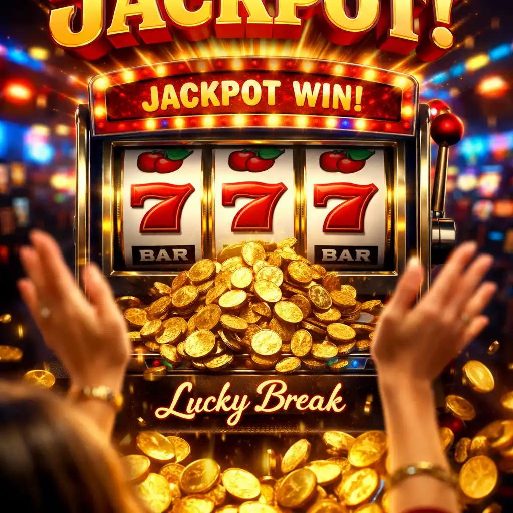 Film poster for a slot machine jackpot scene with a slot machine displaying aligned symbols and coins pouring out
