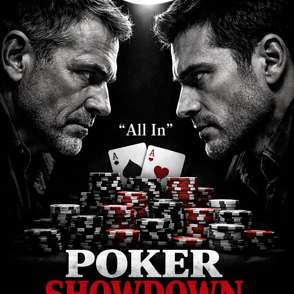 Film poster for a poker showdown showing two men's faces inches apart with a pile of chips between them