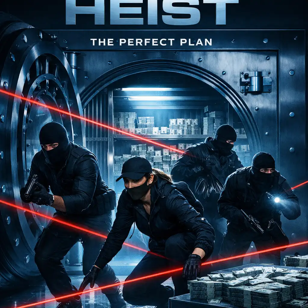 Film poster for a casino heist showing a group of people in black outfits moving through a casino vault with security lasers visible