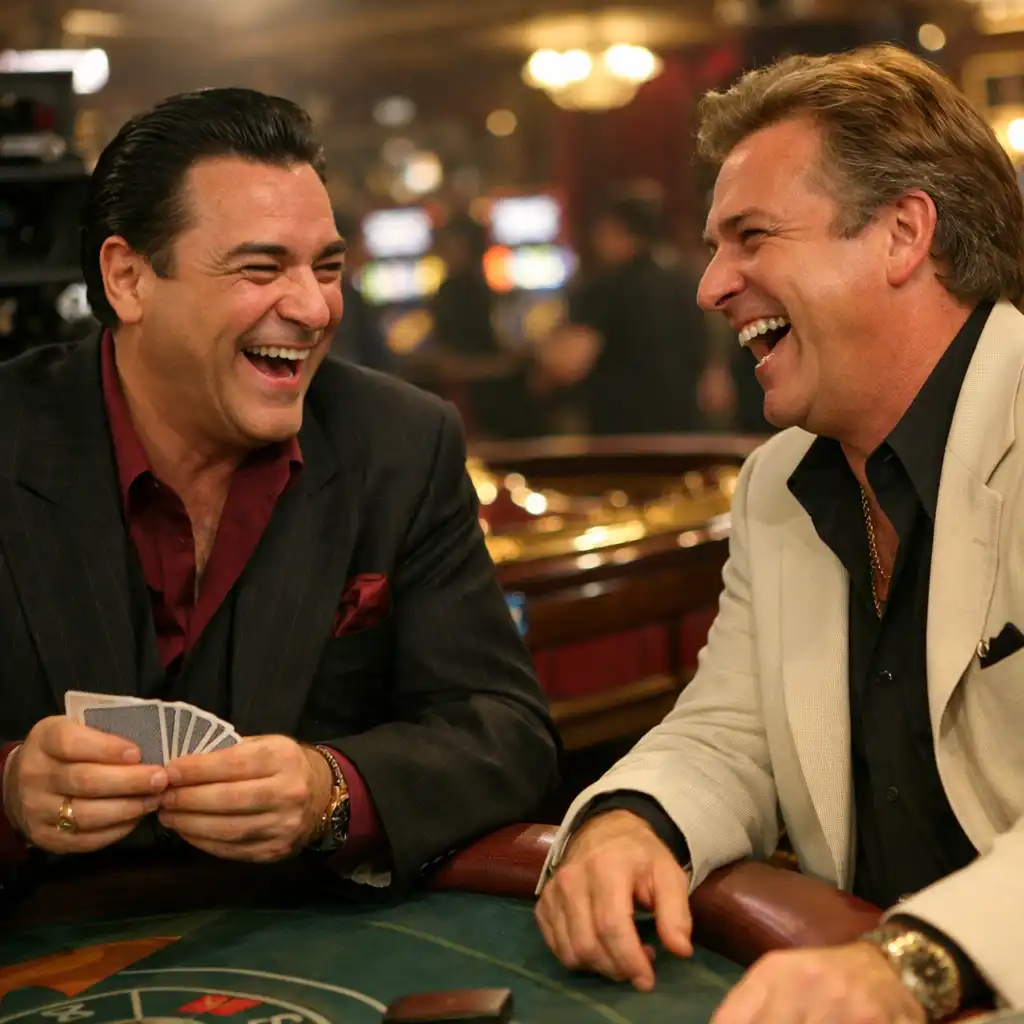 Two actors laughing between takes on a casino film set, one holding a deck of cards