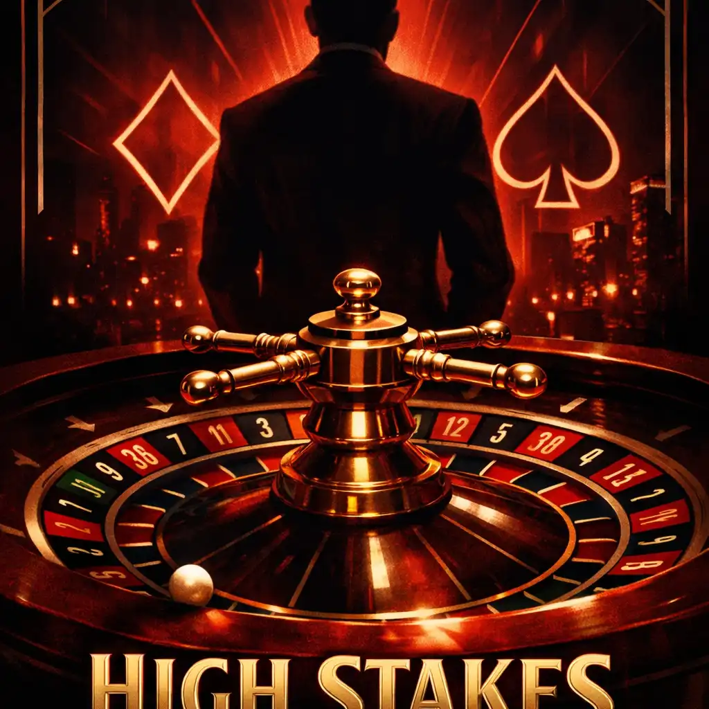 Poster for a fictional casino film with a roulette wheel and a man's silhouette
