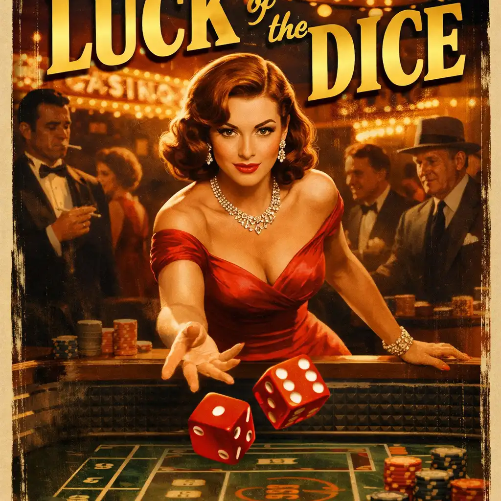 Poster for a fictional casino film with a glamorous woman in a red dress at a craps table