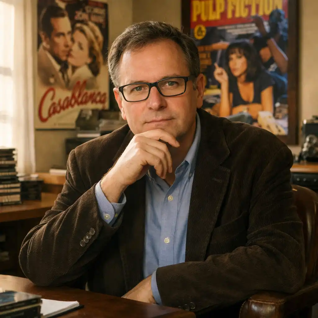 Portrait of a film critic with glasses sitting in a home office with movie posters in the background