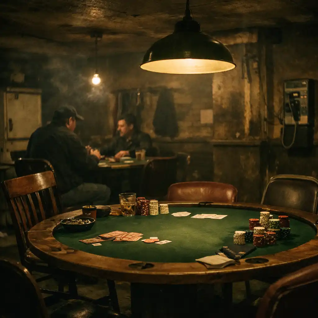 Dimly lit underground poker room set from Rounders with worn wooden tables and vintage poker chips
